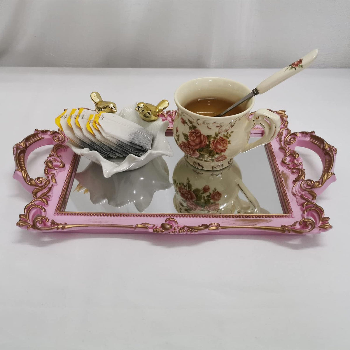 Small Rectangle Decorative Mirror Tray, French Style, Makeup Organizer, Jewelry Organizer, Serving Tray, 13"x 7.8", Golden Pink
