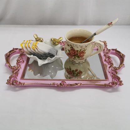 Small Rectangle Decorative Mirror Tray, French Style, Makeup Organizer, Jewelry Organizer, Serving Tray, 13"x 7.8", Golden Pink