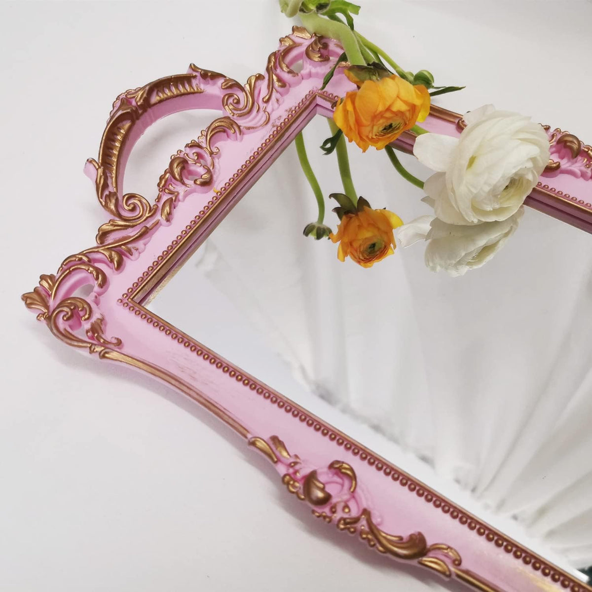 Small Rectangle Decorative Mirror Tray, French Style, Makeup Organizer, Jewelry Organizer, Serving Tray, 13"x 7.8", Golden Pink