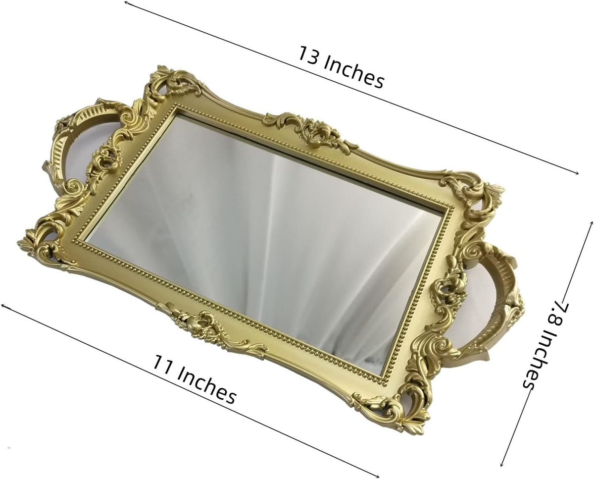 Small Rectangle Decorative Mirror Tray, French Style, Makeup Organizer, Jewelry Organizer, Serving Tray, 13"x 7.8", Golden Pink