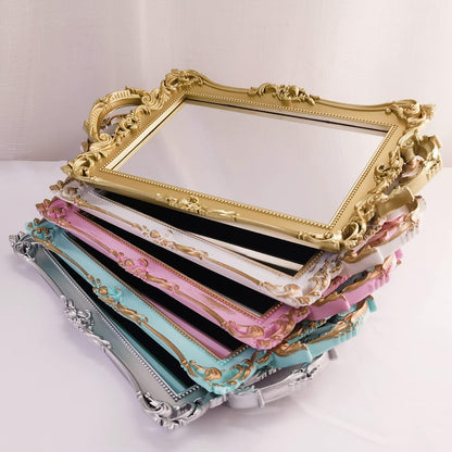 Small Rectangle Decorative Mirror Tray, French Style, Makeup Organizer, Jewelry Organizer, Serving Tray, 13"x 7.8", Golden Pink
