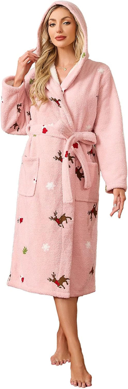 Womens Hooded Plush Robes, Soft Cute Warm Fleece Bathrobe for Women Long Embroidered Ladies Loungewear