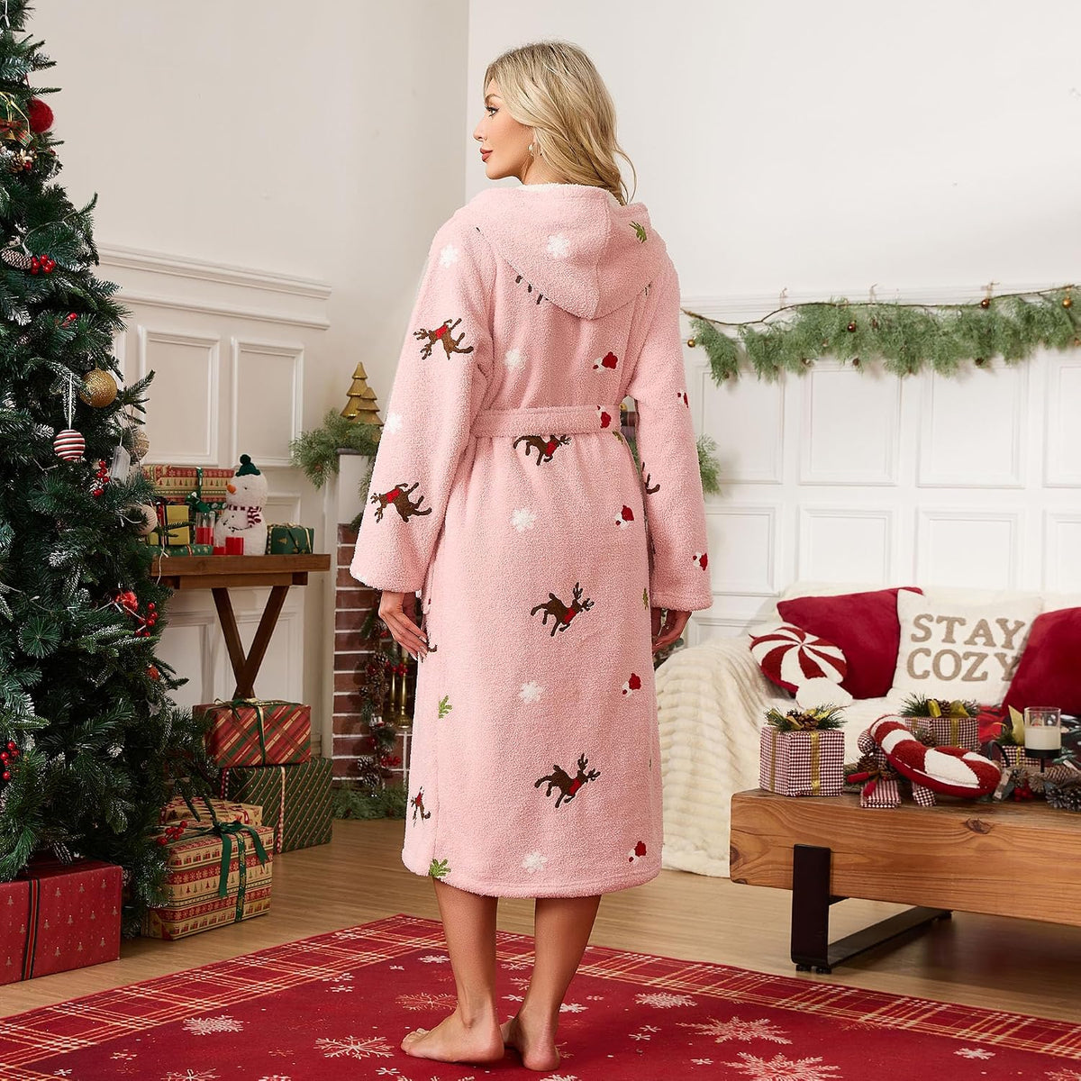 Womens Hooded Plush Robes, Soft Cute Warm Fleece Bathrobe for Women Long Embroidered Ladies Loungewear