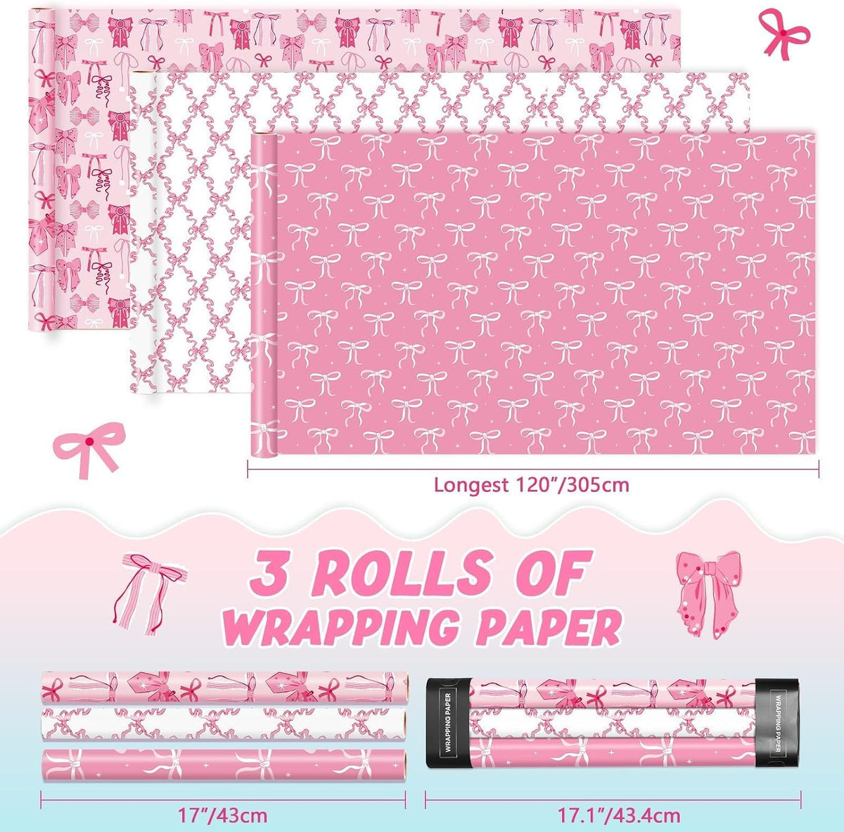 Pink Wrapping Paper Birthday 3 x 10ft Princess Bow Wrapping Paper