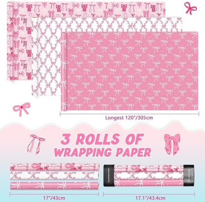 Pink Wrapping Paper Birthday 3 x 10ft Princess Bow Wrapping Paper