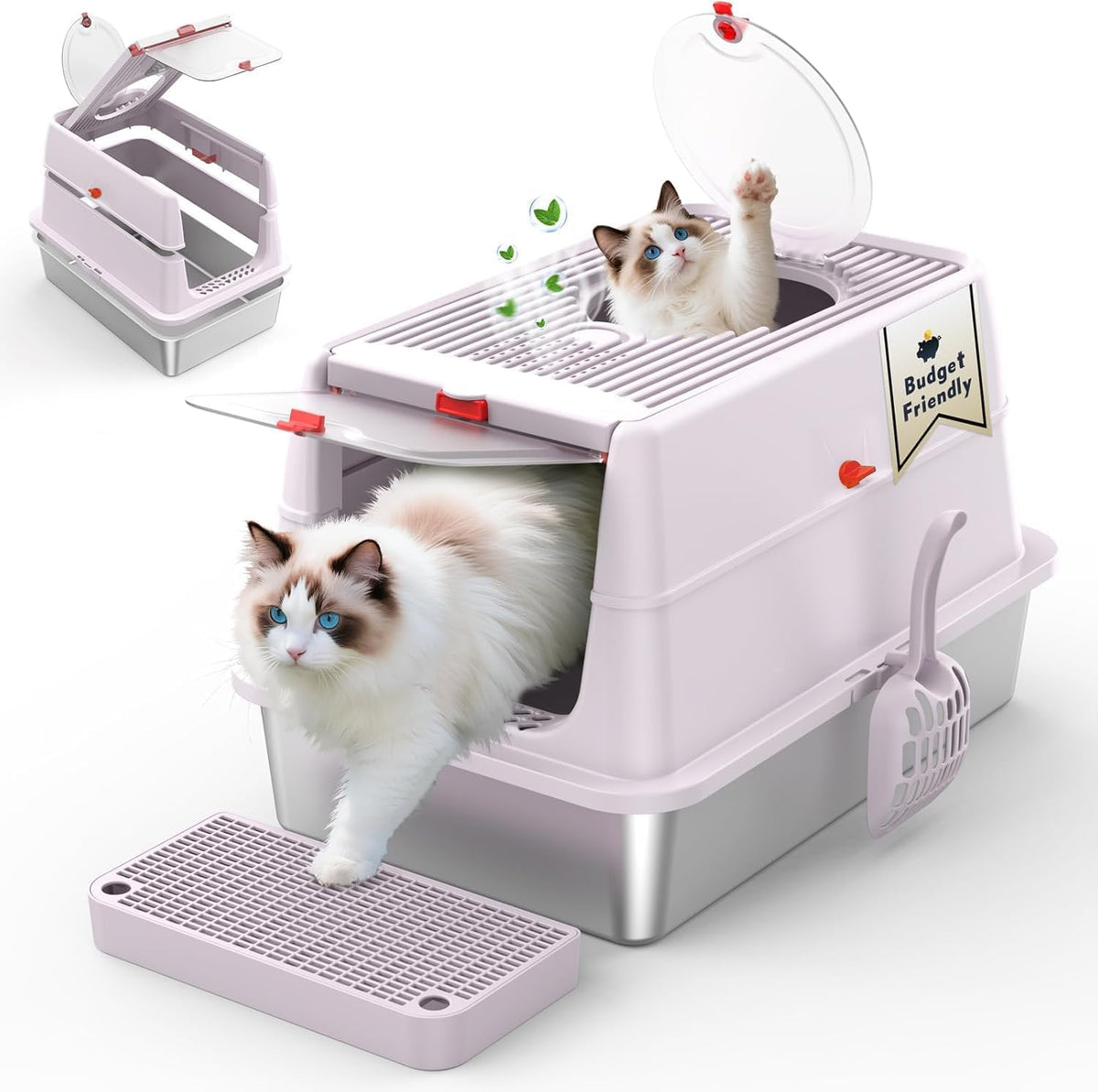 Stainless Steel Cat Litter Box with Lid, 160° Flip Top Kitty Litterbox, XL High Sided Enclosure Litter Pan for Big Cats, Front & Top Entry, Anti-Leakage, Odor-Free, Includes Scoop Mat, Purple Pink