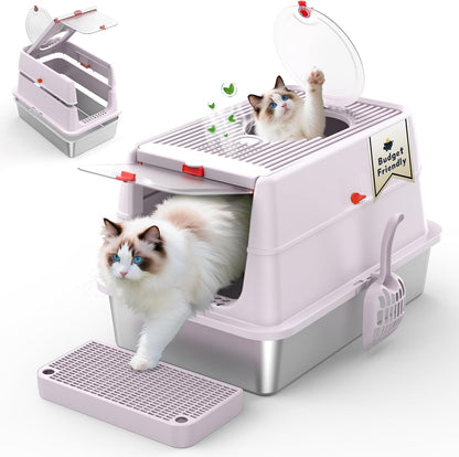 Stainless Steel Cat Litter Box with Lid, 160° Flip Top Kitty Litterbox, XL High Sided Enclosure Litter Pan for Big Cats, Front & Top Entry, Anti-Leakage, Odor-Free, Includes Scoop Mat, Purple Pink