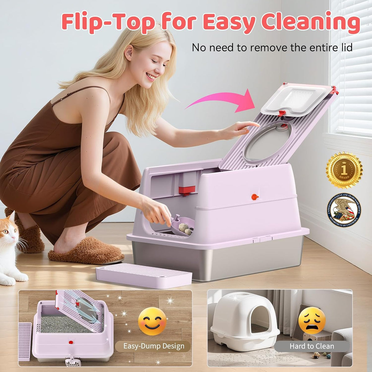 Stainless Steel Cat Litter Box with Lid, 160° Flip Top Kitty Litterbox, XL High Sided Enclosure Litter Pan for Big Cats, Front & Top Entry, Anti-Leakage, Odor-Free, Includes Scoop Mat, Purple Pink