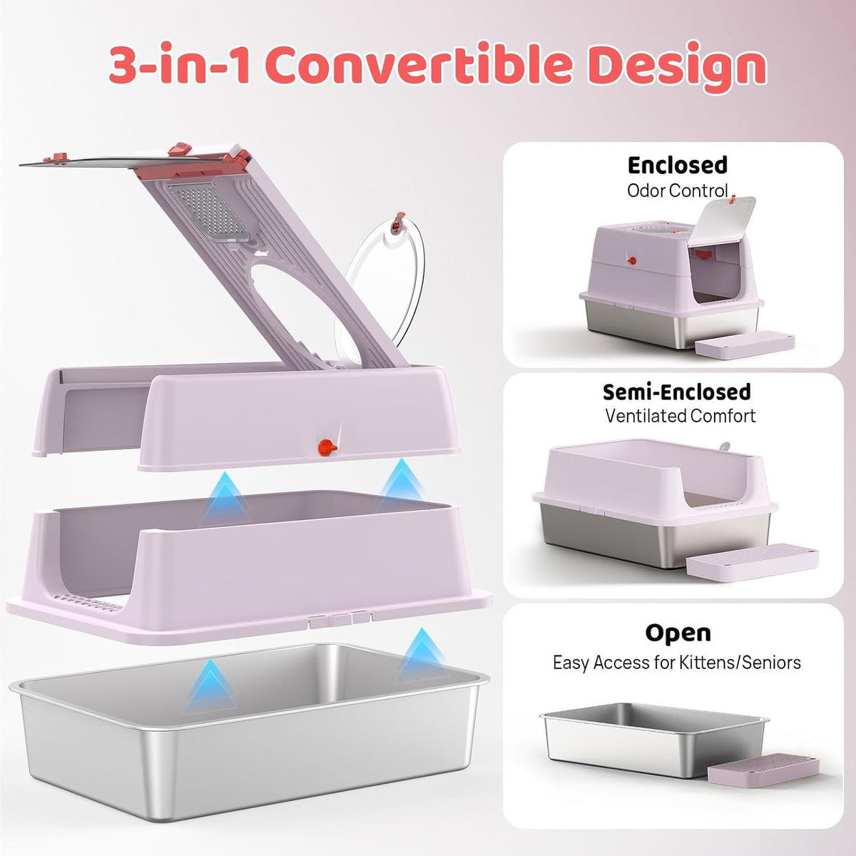 Stainless Steel Cat Litter Box with Lid, 160° Flip Top Kitty Litterbox, XL High Sided Enclosure Litter Pan for Big Cats, Front & Top Entry, Anti-Leakage, Odor-Free, Includes Scoop Mat, Purple Pink