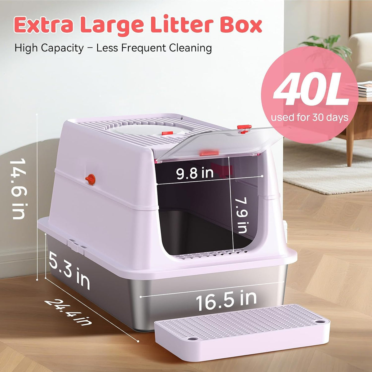 Stainless Steel Cat Litter Box with Lid, 160° Flip Top Kitty Litterbox, XL High Sided Enclosure Litter Pan for Big Cats, Front & Top Entry, Anti-Leakage, Odor-Free, Includes Scoop Mat, Purple Pink