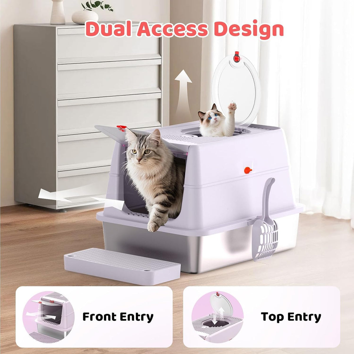 Stainless Steel Cat Litter Box with Lid, 160° Flip Top Kitty Litterbox, XL High Sided Enclosure Litter Pan for Big Cats, Front & Top Entry, Anti-Leakage, Odor-Free, Includes Scoop Mat, Purple Pink