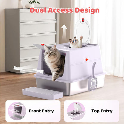 Stainless Steel Cat Litter Box with Lid, 160° Flip Top Kitty Litterbox, XL High Sided Enclosure Litter Pan for Big Cats, Front & Top Entry, Anti-Leakage, Odor-Free, Includes Scoop Mat, Purple Pink
