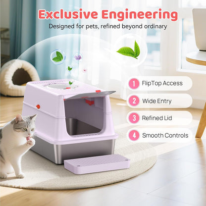 Stainless Steel Cat Litter Box with Lid, 160° Flip Top Kitty Litterbox, XL High Sided Enclosure Litter Pan for Big Cats, Front & Top Entry, Anti-Leakage, Odor-Free, Includes Scoop Mat, Purple Pink