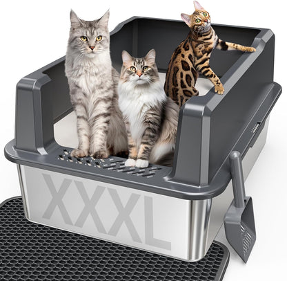 Extra Large XXL Stainless Steel Cat Litter Box with Lid, 26" L x 18" W x 12" H Metal Litter Box with Hight Sides for Big Cats & Multiple Cats, Never Absorbs Odors, Anti-Urine Leakage, Easy Cleaning