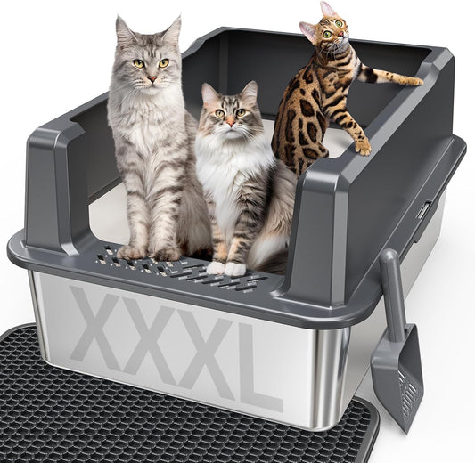 Extra Large XXL Stainless Steel Cat Litter Box with Lid, 26" L x 18" W x 12" H Metal Litter Box with Hight Sides for Big Cats & Multiple Cats, Never Absorbs Odors, Anti-Urine Leakage, Easy Cleaning