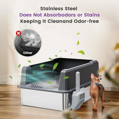 Extra Large XXL Stainless Steel Cat Litter Box with Lid, 26" L x 18" W x 12" H Metal Litter Box with Hight Sides for Big Cats & Multiple Cats, Never Absorbs Odors, Anti-Urine Leakage, Easy Cleaning