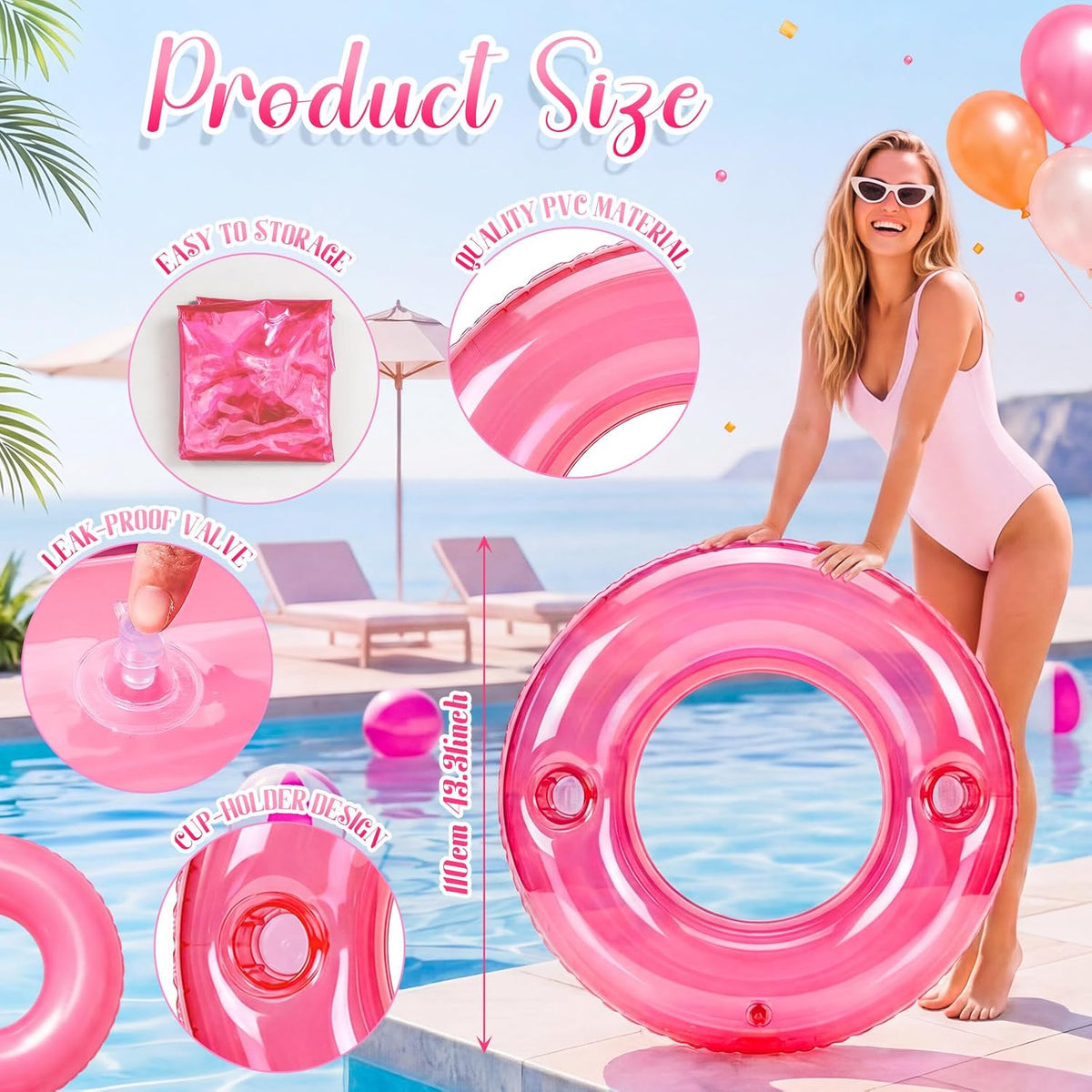 3 Pcs 47.3 Inch Transparent Round Pool Float with Cup Holder Bachelorette Inflatable Float Bride Pool Ring Loungers Tube Swimming for Engagement, Wedding, Summer Beach Party Decor
