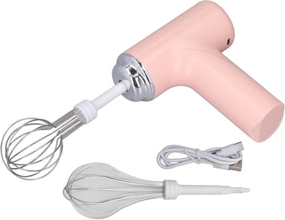 Electric Hand Whisk, 3 Speed Settings, 2 Interchangeable Whisks, Cordless Rechargeable, Pink