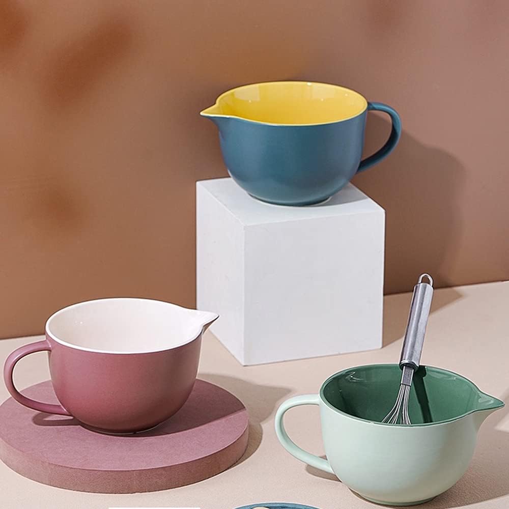 Contrast Color Kitchen Ceramic Mixing Bowl, 1 Quart Large Bowl, with Pouring Spout and Handle