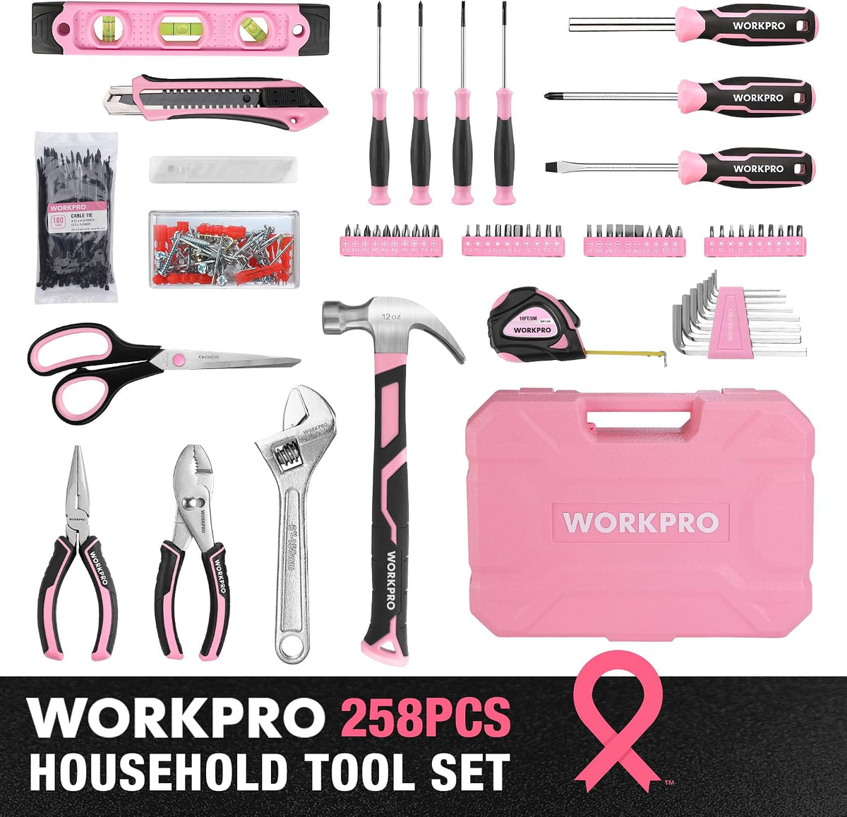 258PCS Pink Tool Set, Portable Home Basic Tool Kit Box for Women