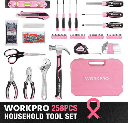 258PCS Pink Tool Set, Portable Home Basic Tool Kit Box for Women