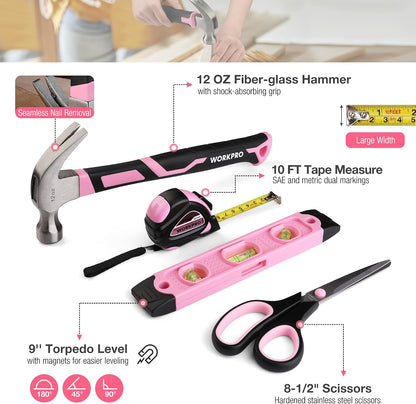 258PCS Pink Tool Set, Portable Home Basic Tool Kit Box for Women