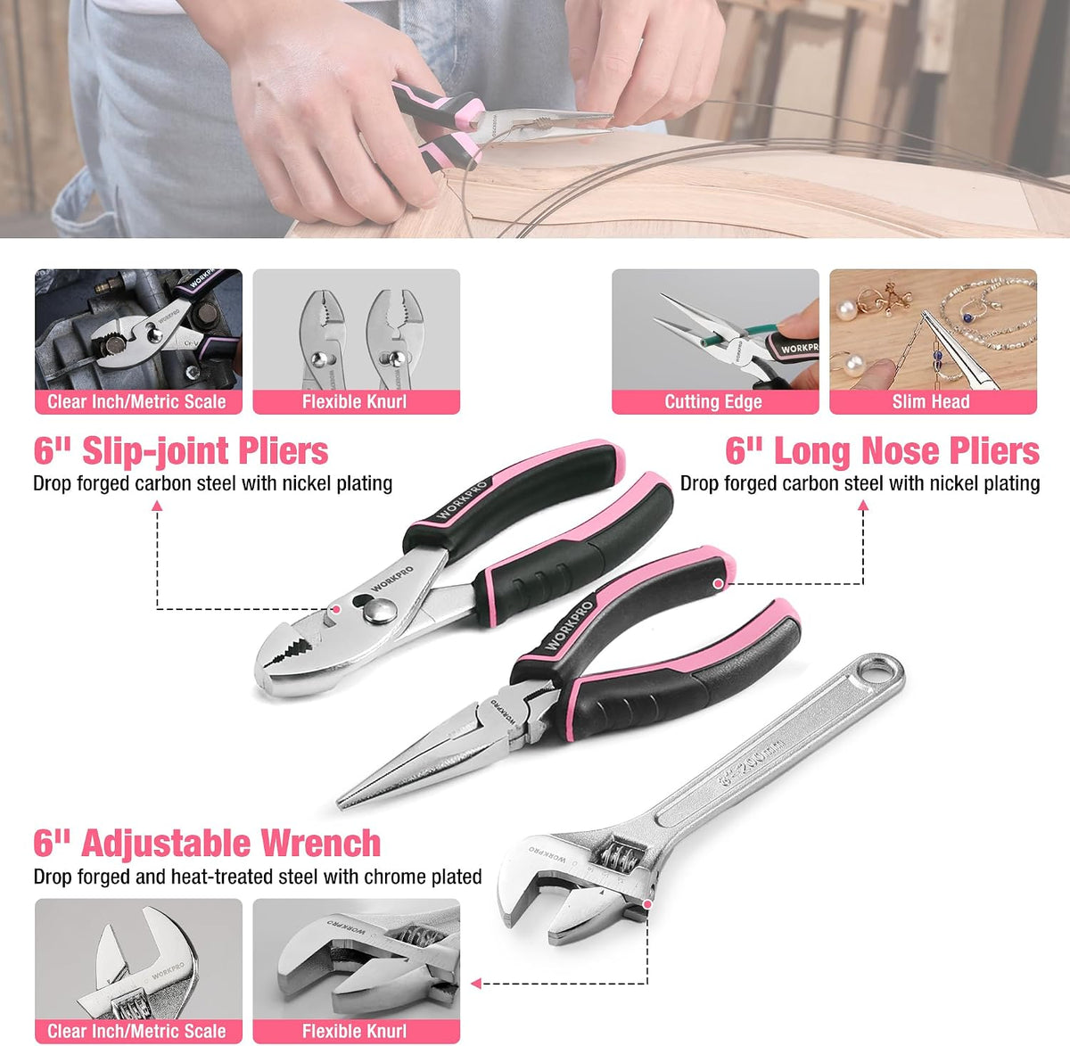 258PCS Pink Tool Set, Portable Home Basic Tool Kit Box for Women