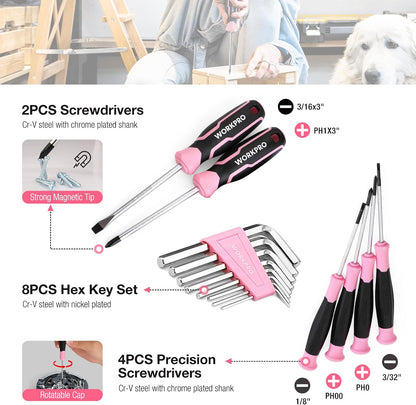258PCS Pink Tool Set, Portable Home Basic Tool Kit Box for Women