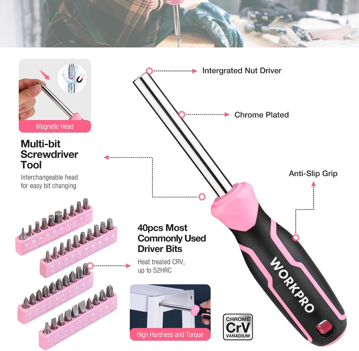 258PCS Pink Tool Set, Portable Home Basic Tool Kit Box for Women