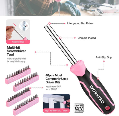 258PCS Pink Tool Set, Portable Home Basic Tool Kit Box for Women