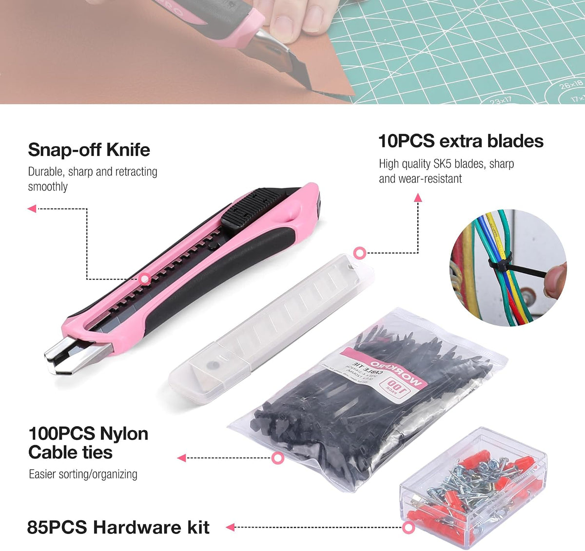 258PCS Pink Tool Set, Portable Home Basic Tool Kit Box for Women