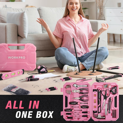 258PCS Pink Tool Set, Portable Home Basic Tool Kit Box for Women