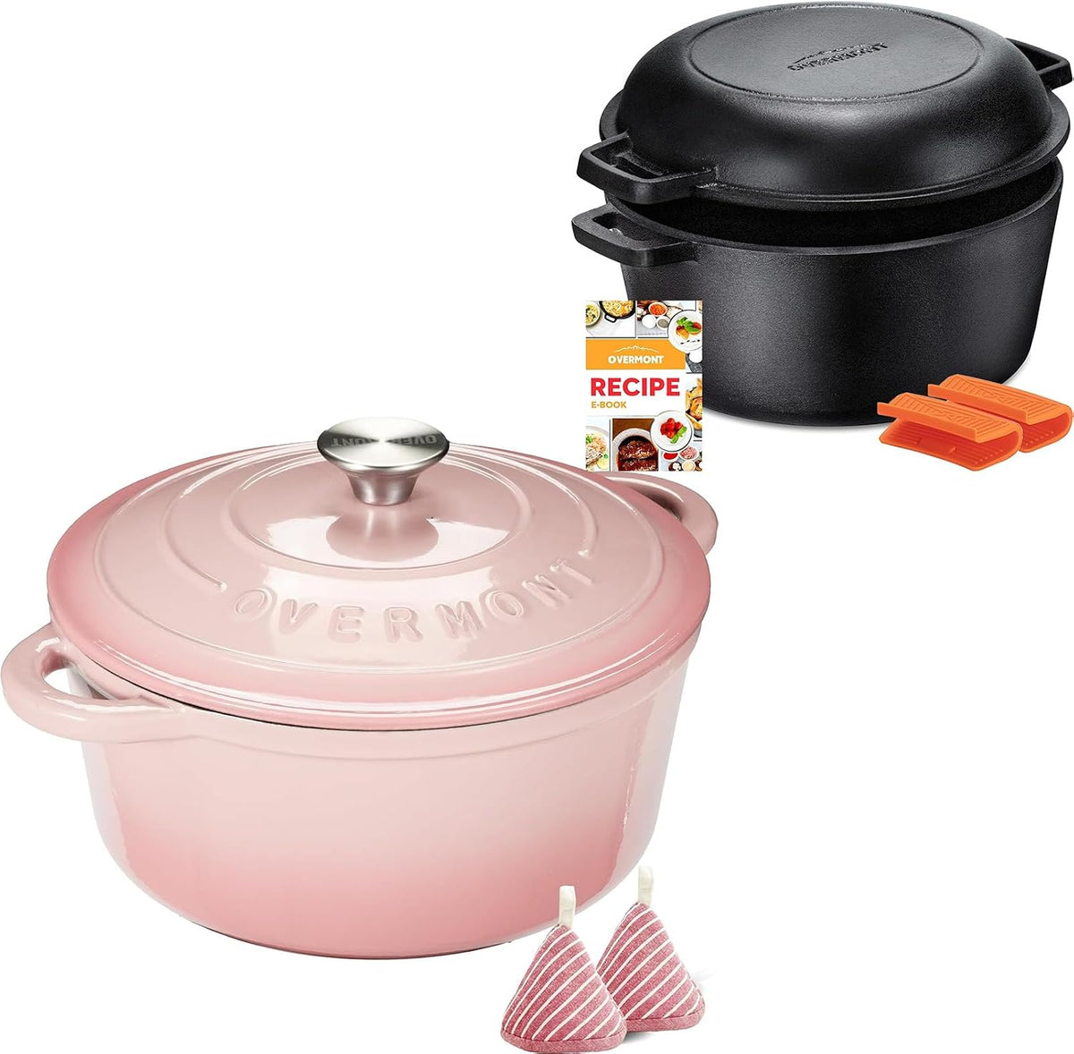 Enameled Cast Iron Dutch Oven 5.5QT pink + 2 in 1 Pre Seasoned Dutch Oven combo