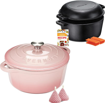 Enameled Cast Iron Dutch Oven 5.5QT pink + 2 in 1 Pre Seasoned Dutch Oven combo