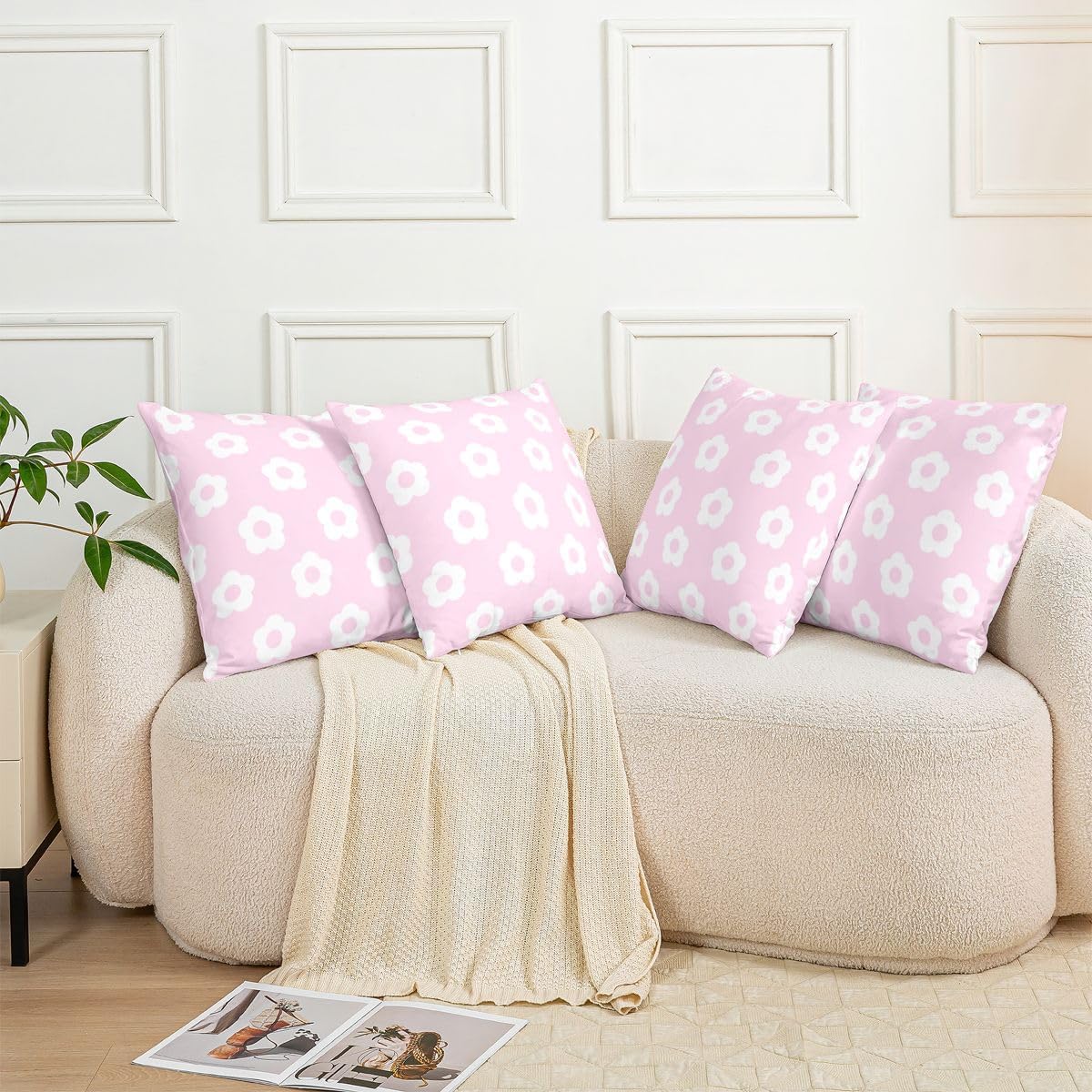 Light Pink Floral Throw Pillow Covers 1 Pcs Princess Flower Cushion Case Romantic Plants Pattern Decor Pillowcase Indoor Outdoor Super Soft 22 x 22-Inch