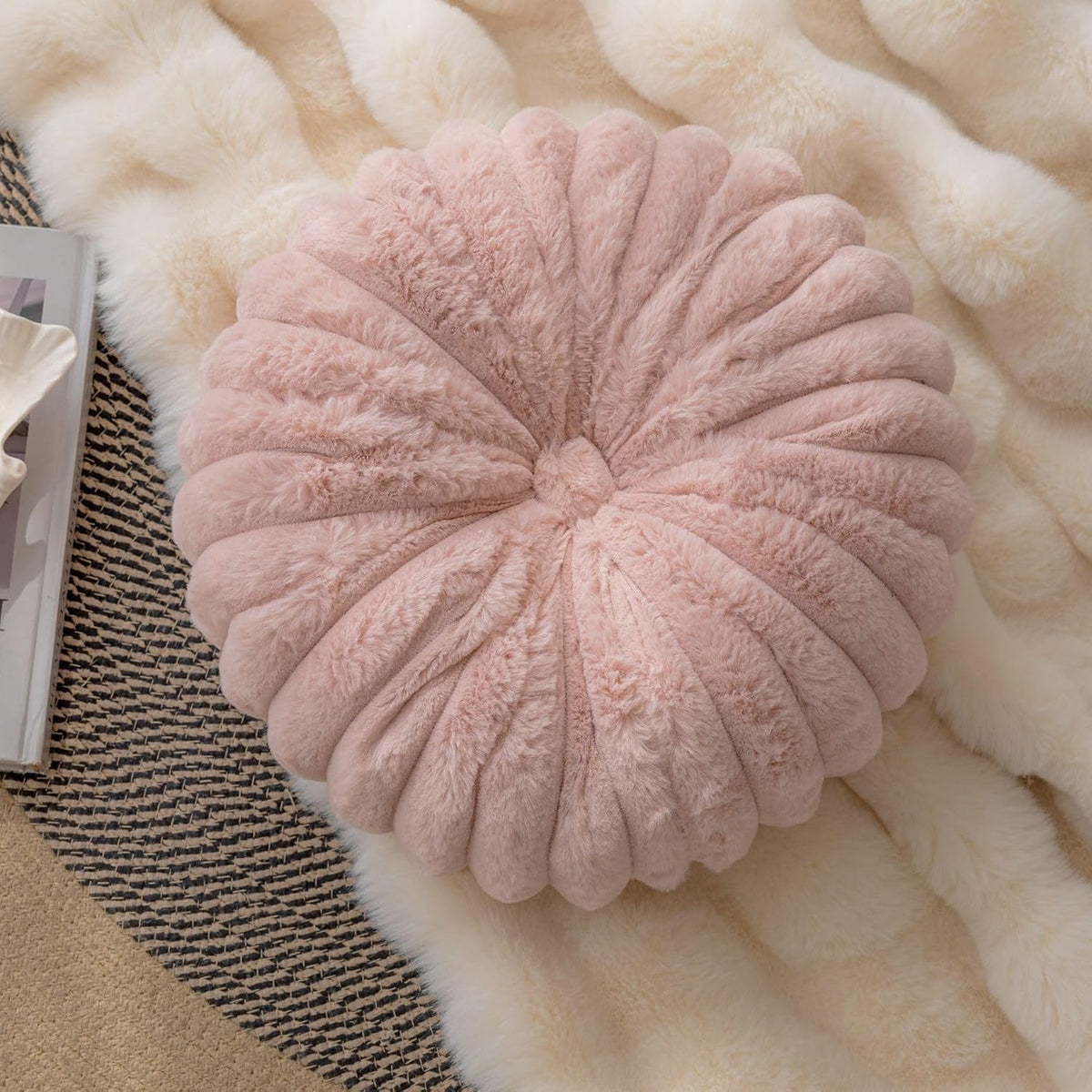 Round Throw Pillow Soft Faux Fur Decorative Pillow Small Pumpkin Throw Pillow Cushion for Living Room Sofa Bed (Pink,13.7" Diameter)