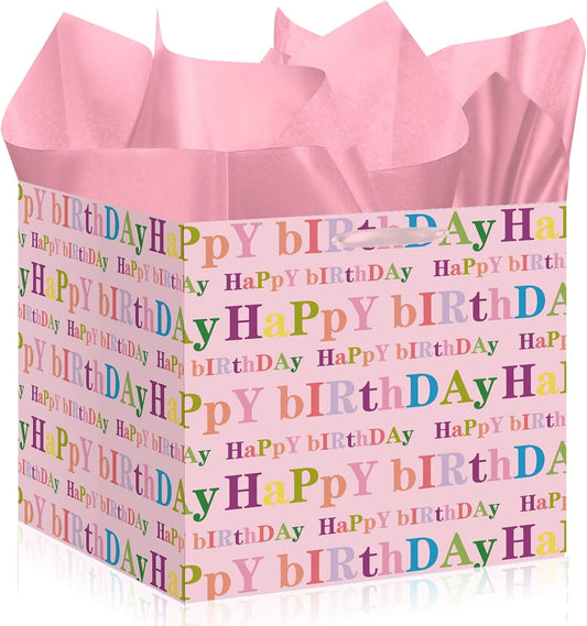 Extra Large Square Birthday Gift Bag with 6 Pink Tissue Paper 11.8" Heavy Duty Pastel Paper Wrapping Bag with Ribbon Handles - Vibrant Colorful Present Sack for Kids Girls Women Cake Box