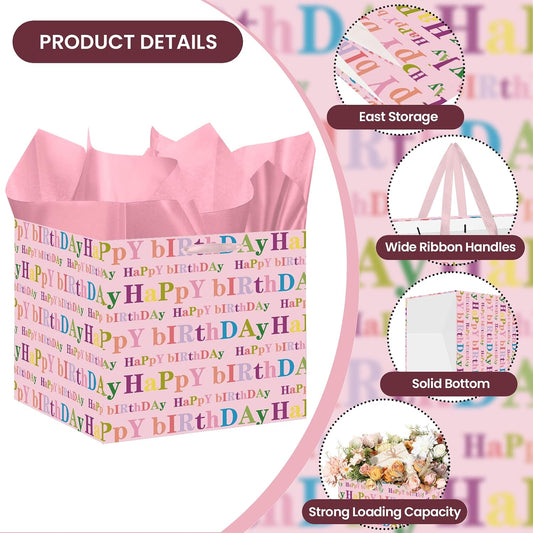 Extra Large Square Birthday Gift Bag with 6 Pink Tissue Paper 11.8" Heavy Duty Pastel Paper Wrapping Bag with Ribbon Handles - Vibrant Colorful Present Sack for Kids Girls Women Cake Box
