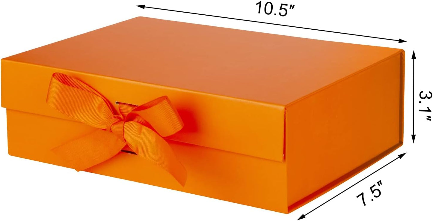 DaiJoob Gift Box with Lid for Presents 10.5x7.5x3.1 Inches with Ribbon and Magnetic Closure(1-Pack) (Orange)