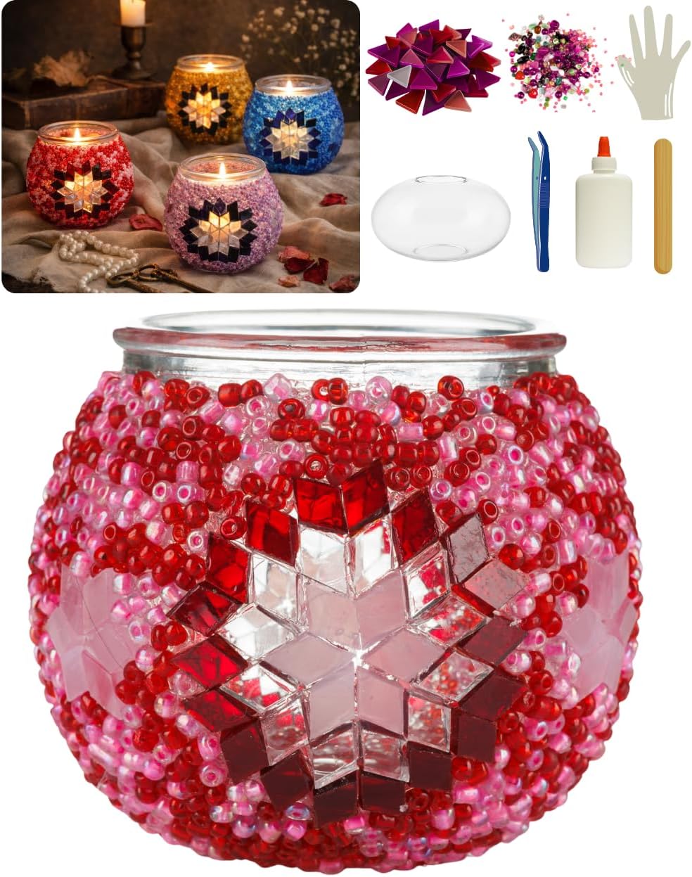 DIY Turkish Mosaic Candle Holder Kit - Beginner Friendly Mosaic Art & Craft Project for Adults and Teens - No Grout or Plaster Needed - 4x4 in. (Pink)