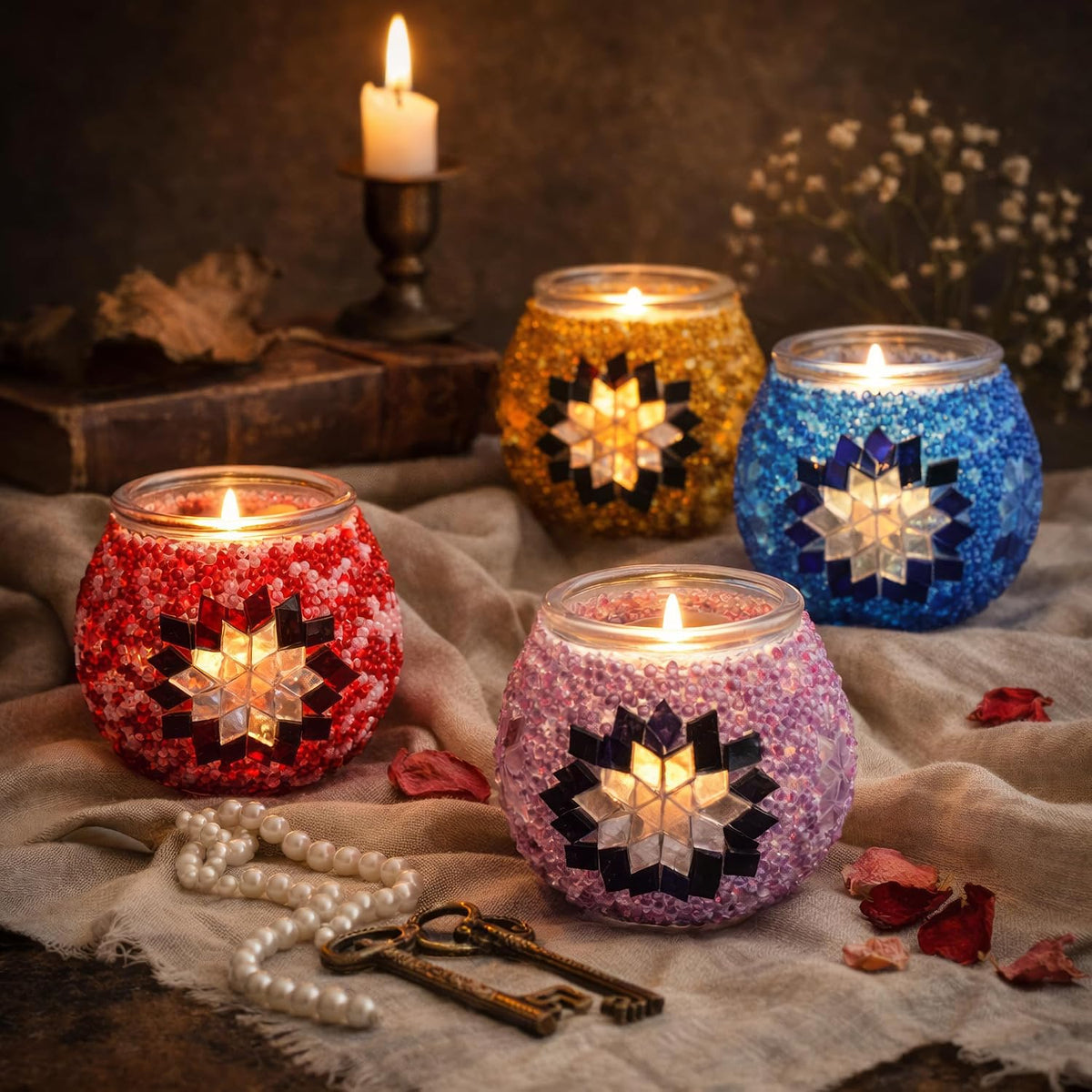 DIY Turkish Mosaic Candle Holder Kit - Beginner Friendly Mosaic Art & Craft Project for Adults and Teens - No Grout or Plaster Needed - 4x4 in. (Pink)