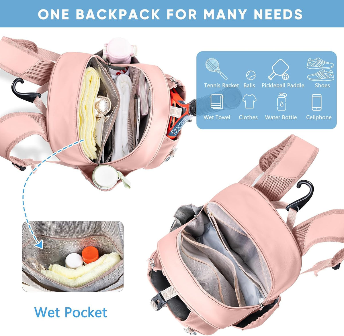 Tennis Backpack with 2 Rackets Holder PU Leather Tennis Racket Bag