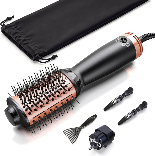 Dual Voltage Hair Dryer Brush Travel Size(110-220V), Compact Light-Weight European Travel Blow Dryer Brush for Hair Volume, Smoothness & Curls, One Step Travel Hair Dryer Brush, Pouch & EU Plug