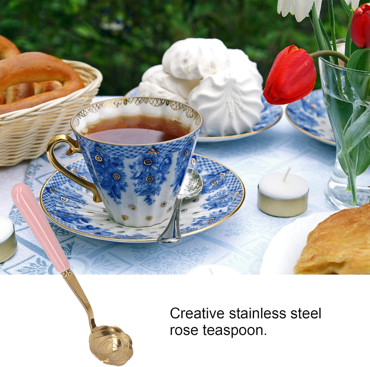 Rose Teaspoon, Golden Stainless Steel Teaspoon with Ceramic Flower Handle, 13cm, Fancy Dessert Spoons for Coffee, Tea, Ice Cream (Pink Handle)