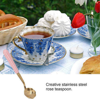 Rose Teaspoon, Golden Stainless Steel Teaspoon with Ceramic Flower Handle, 13cm, Fancy Dessert Spoons for Coffee, Tea, Ice Cream (Pink Handle)