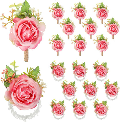 20 Pcs Rose Wrist Corsage and Boutonniere Set Wedding,Peach Pink