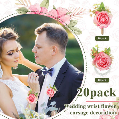 20 Pcs Rose Wrist Corsage and Boutonniere Set Wedding,Peach Pink