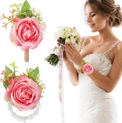 20 Pcs Rose Wrist Corsage and Boutonniere Set Wedding,Peach Pink