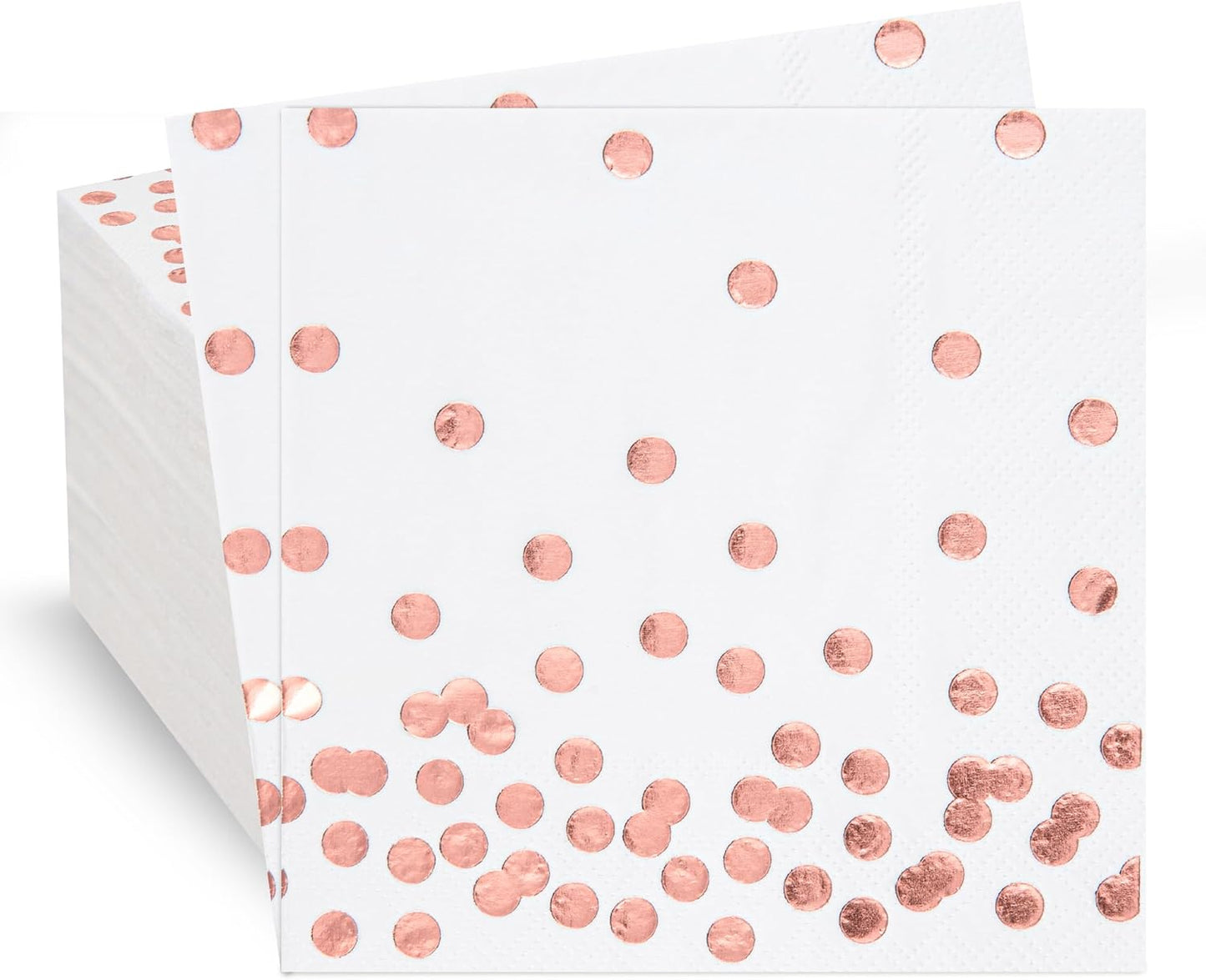 80 Pack of White Paper Cocktail Napkins with Gold Foil Polka Dot Confetti，Polka Dot Party Supplies(5 x 5 in，3-ply) (Rose Gold)