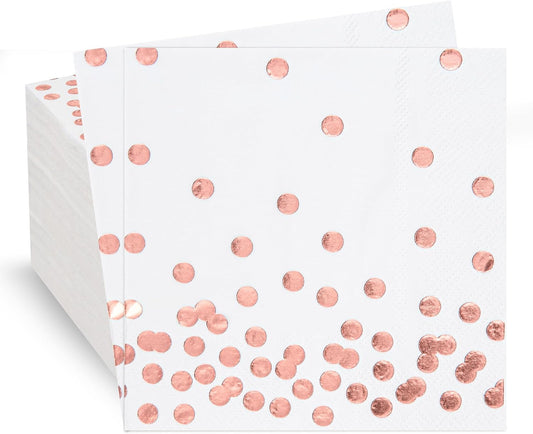 80 Pack of White Paper Cocktail Napkins with Gold Foil Polka Dot Confetti，Polka Dot Party Supplies(5 x 5 in，3-ply) (Rose Gold)
